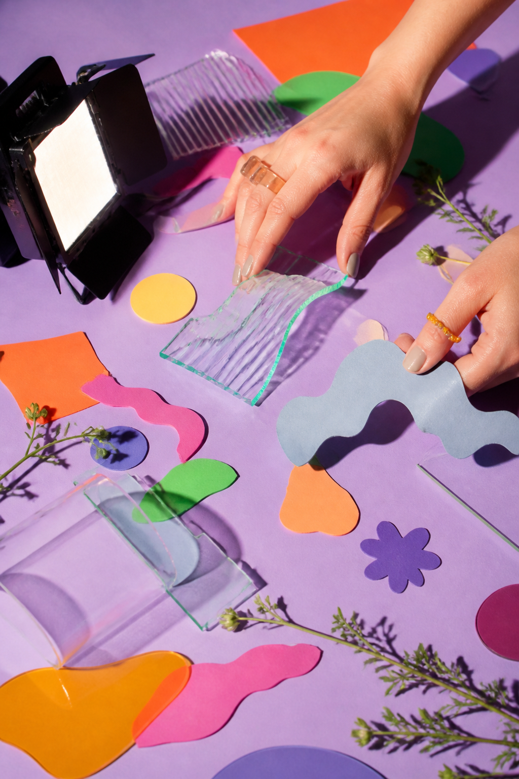 Hands arranging colorful creative materials for a content project