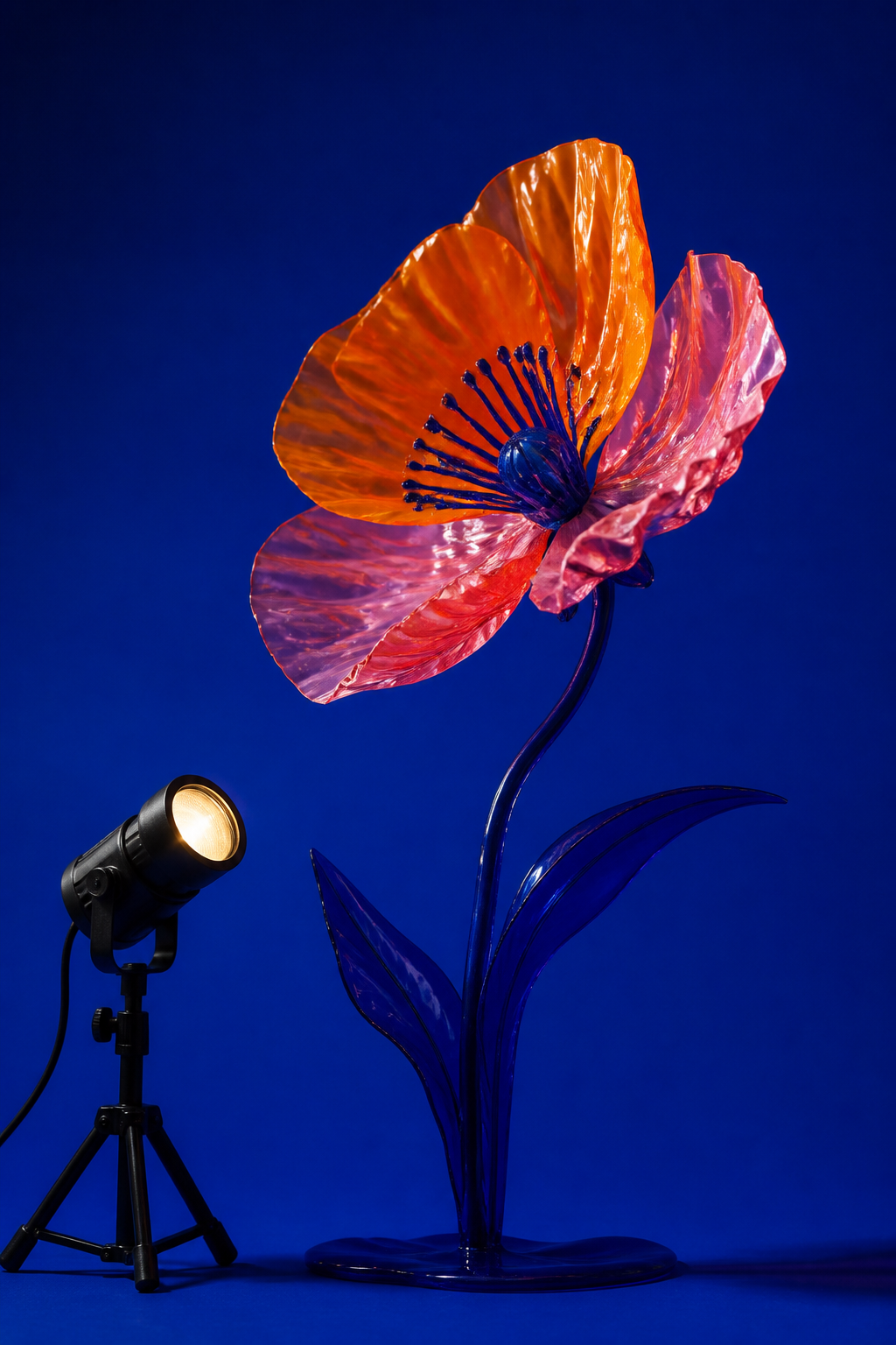 A colorful translucent flower sculpture in a creative studio