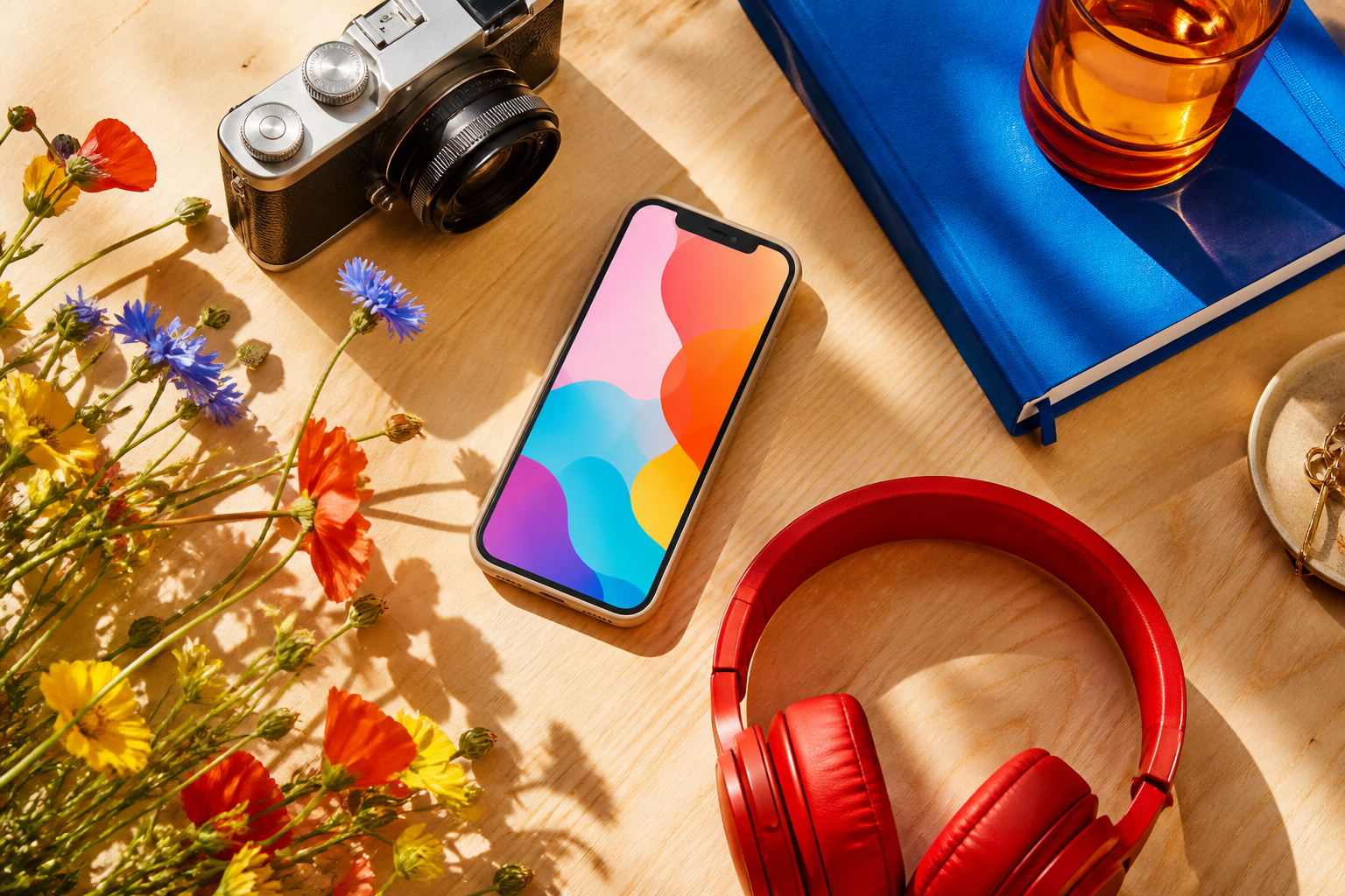 A colorful social content studio desk with phone and wildflowers